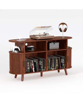 55 Inches Wide Mid-Century Round Record Player Stand with Charging Station, USB Ports, and Ample Vinyl Storage