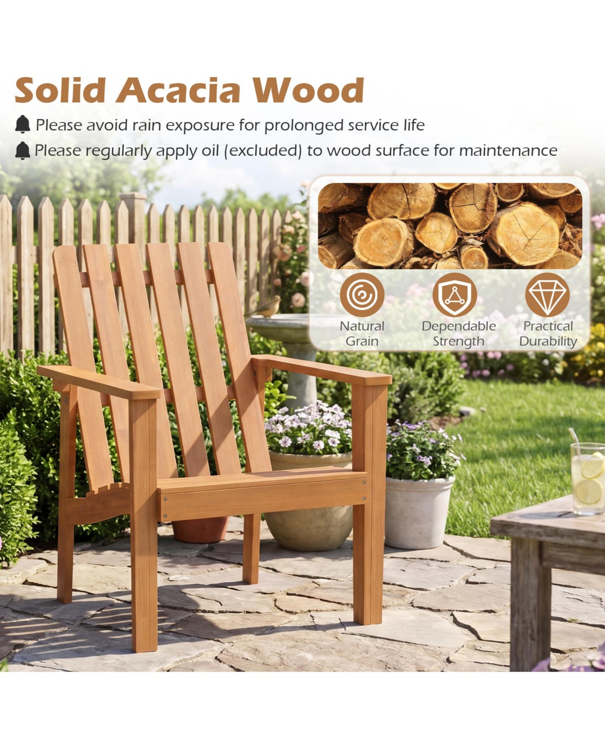 Gymax Adirondack Chair Acacia Wood Outdoor Patio Chair with Slatted Backrest and Seat