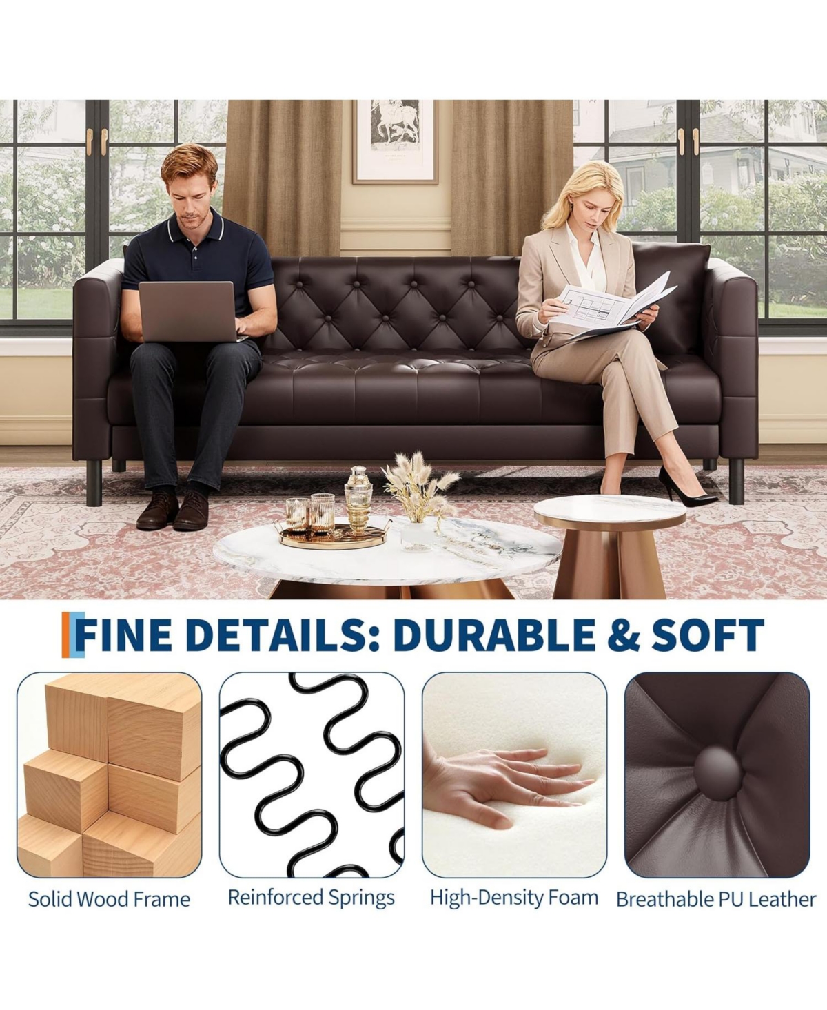 gaomon 81 Leather Couch, Handmade Button Tufted 3 Seater Sofa, Chesterfield Sofa with Deep Seat and 2 Pillows, Leather Sofa for Living Room Apartment