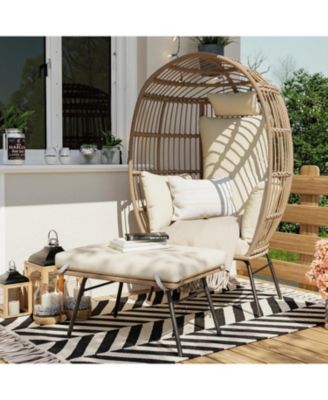 Oversize Wicker Egg Chair with Ottoman, Egg Shaped Chaise Lounge with Thick Cushion for Indoor Outdoor Patio Porch Backyard