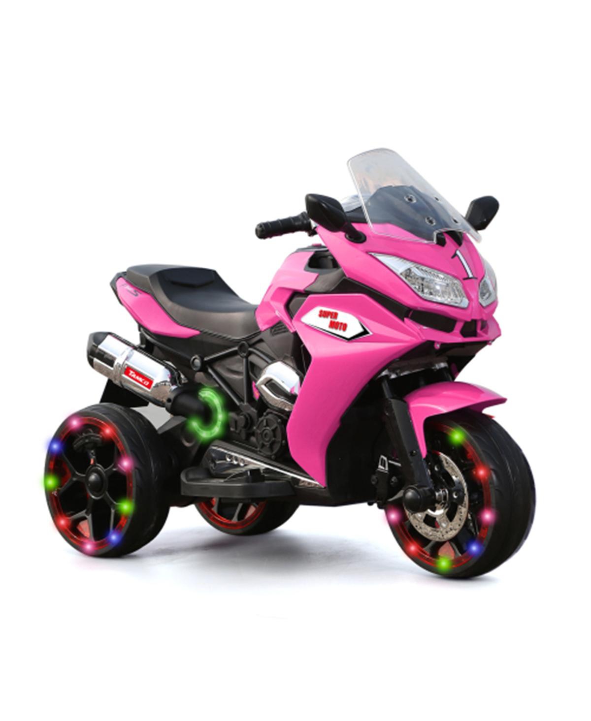 Yobtop 12V Kids Electric Motorcycle - 3-Wheel Battery Powered Ride On Motorbike, Rechargeable, Light-Up Wheels, Children Electric Ride On Car - Pink