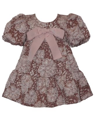 Baby Girls' Jacquard with Bow Short-Sleeve Dress with Diaper Cover, 2-Piece set 