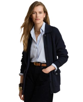 Women's Wool-Blend Rib-Knit Spread Collar Cardigan