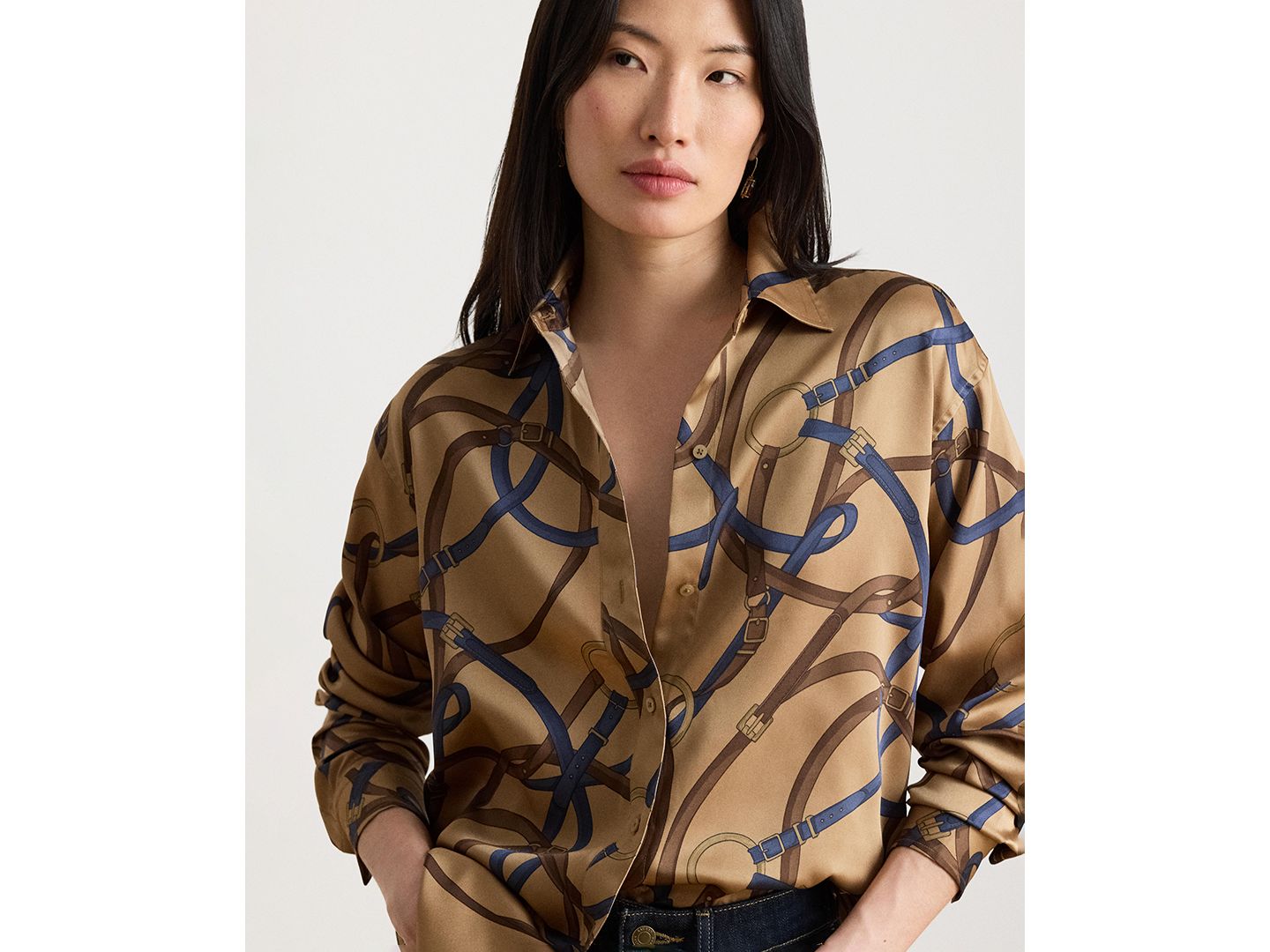 Женская рубашка Lauren Ralph Lauren Belting Print Collared, цвет: Верблюжий разноцветный — фото 4
