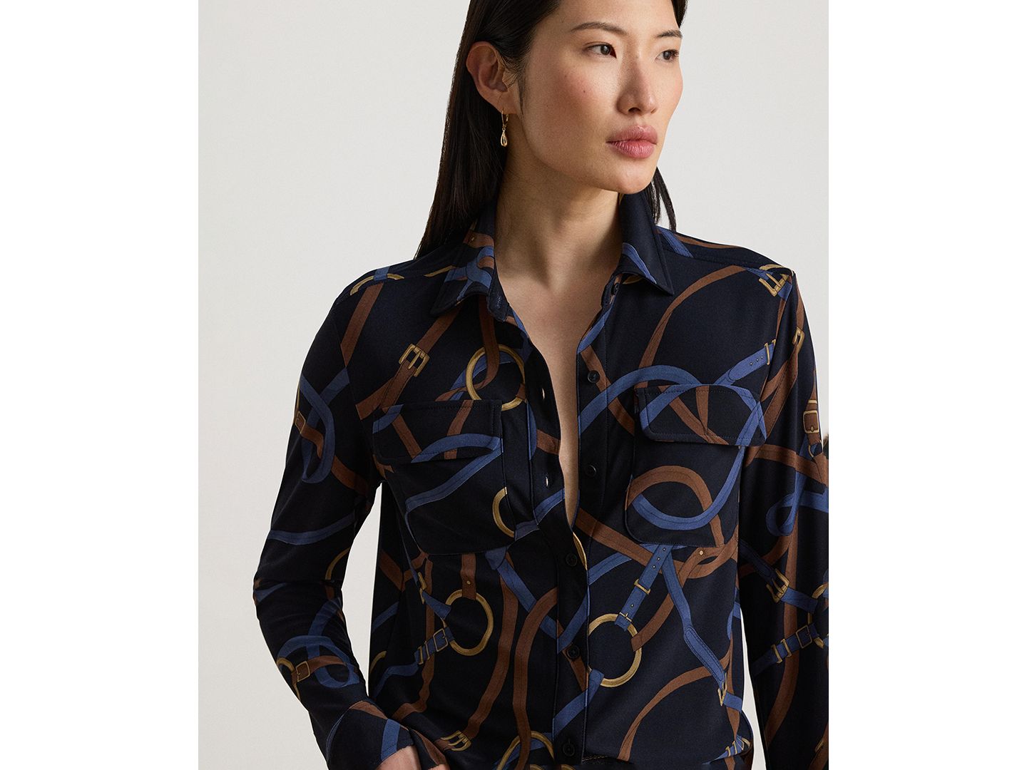 Женская рубашка Lauren Ralph Lauren Belting-Print Stretch Jersey Shirt, цвет: Тёмно-синий разноцветный — фото 3