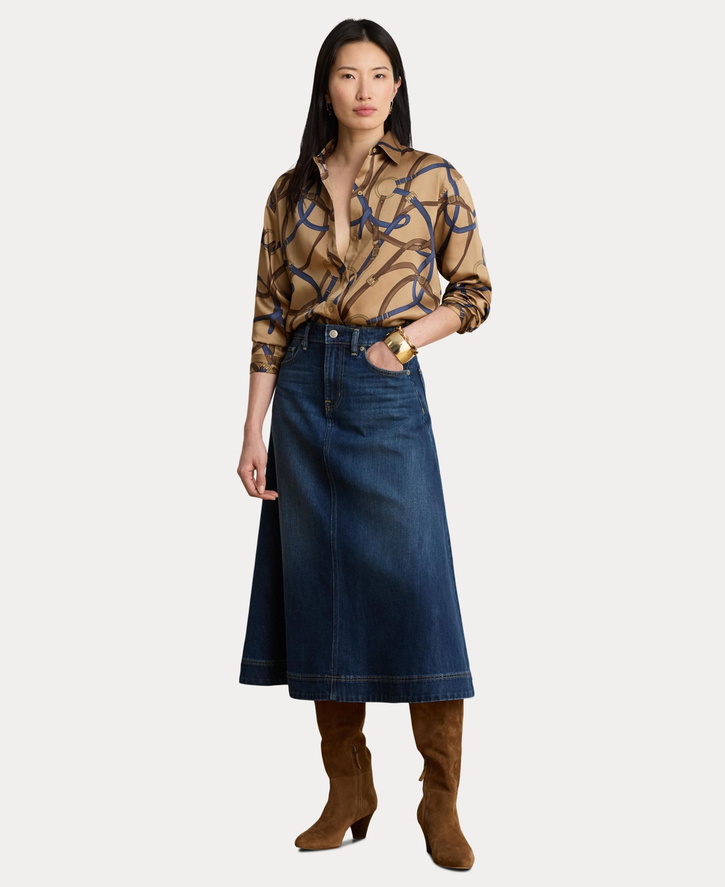 Женская юбка Lauren Ralph Lauren A-Line High-Waisted Midi Denim Skirt, цвет: Варёный — фото 2
