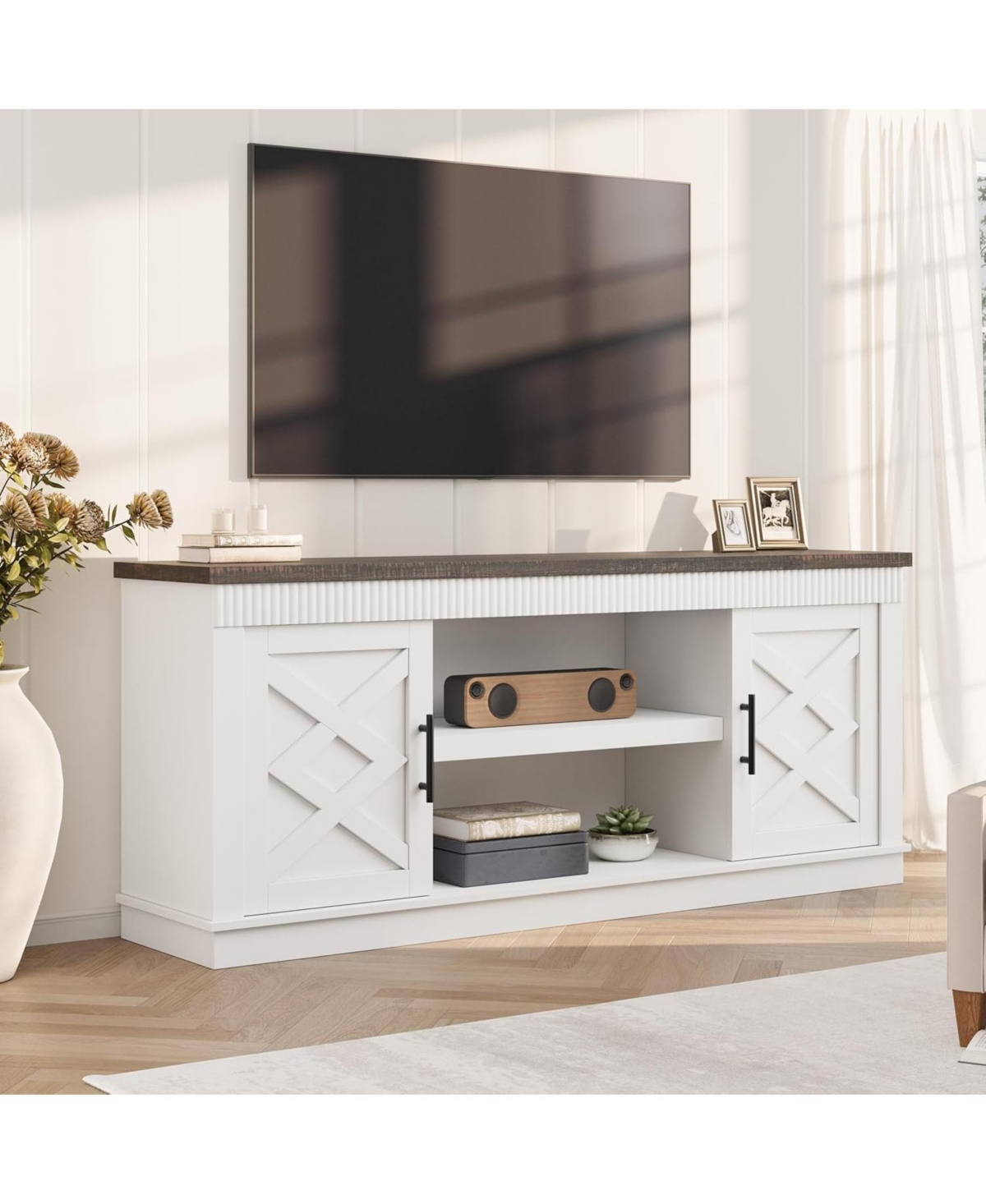 gaomon Farmhouse Tv Stand for TVs, Fluted Entertainment Center with Doors & Open Shelf - White