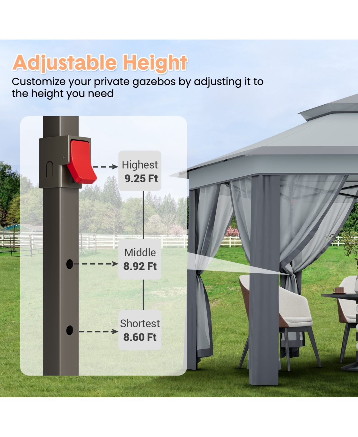 gaomon Hexagonal Pop-Up Gazebo with Mesh Walls, Adjustable Height and Carry Bag for Backyard, Garden and Patio