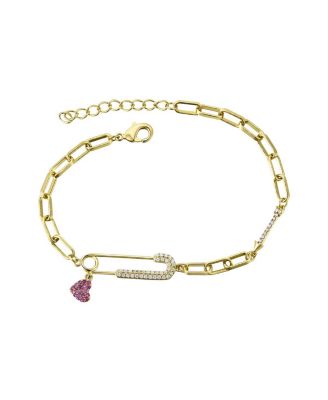 Gigi Girl Kid's/Young Teen 14k Gold Plated with Pink & Cubic Zirconia Safety Pin Dangle Heart Charm Adjustable Bracelet