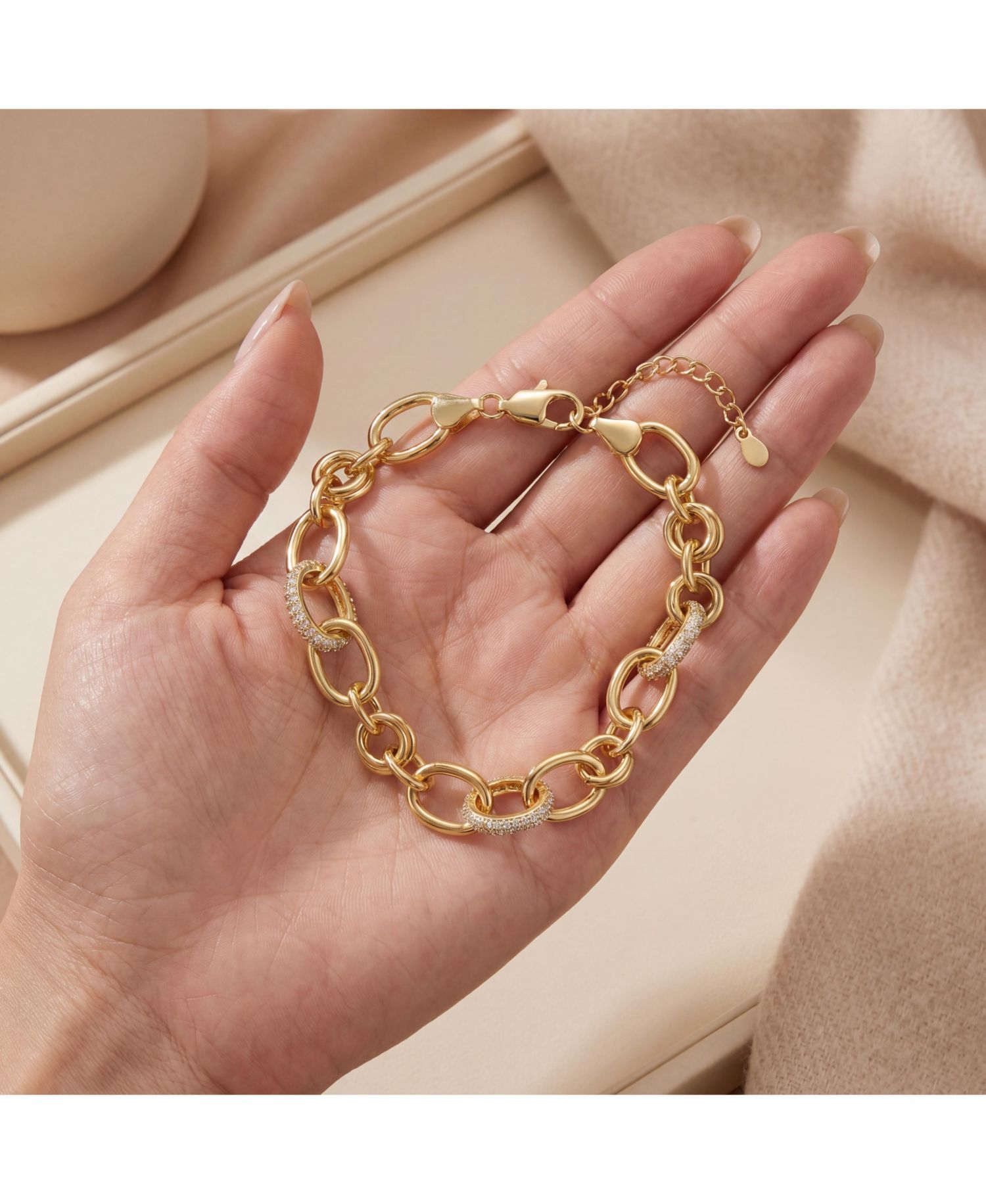 14K Gold Plated CZ Pave Tubular Cable Link Knot Bracelet