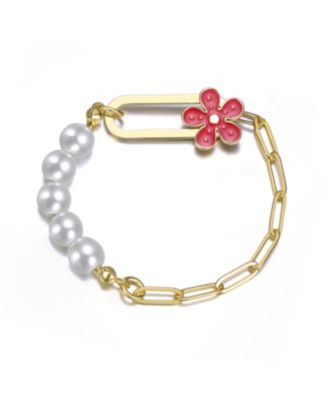 14K Gold Plated Pearls and Flower Enamel Toggle Clasp Bracelet