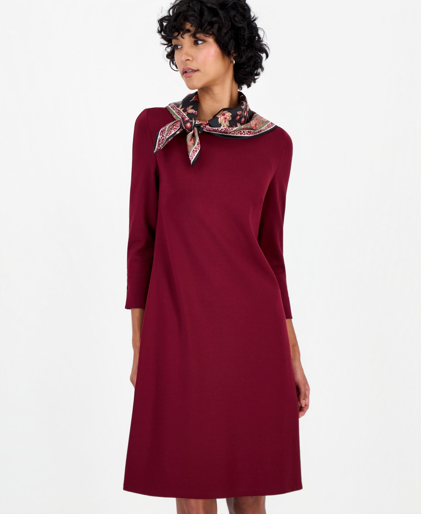 Женское платье Jones New York Petite 3/4-Sleeve Midi with Combo Scarf, цвет: Винный — фото 4