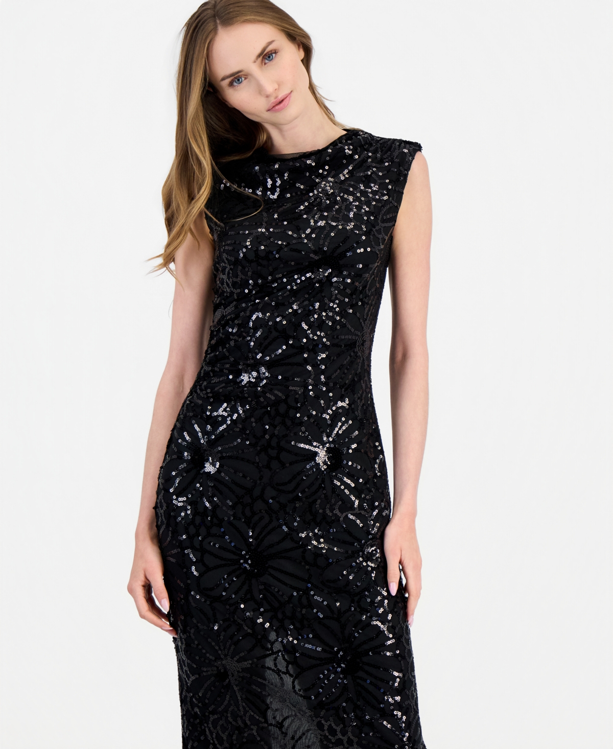 Anne Klein Women's Sleeveless Floral-Sequin Draped-Neck Midi Dress