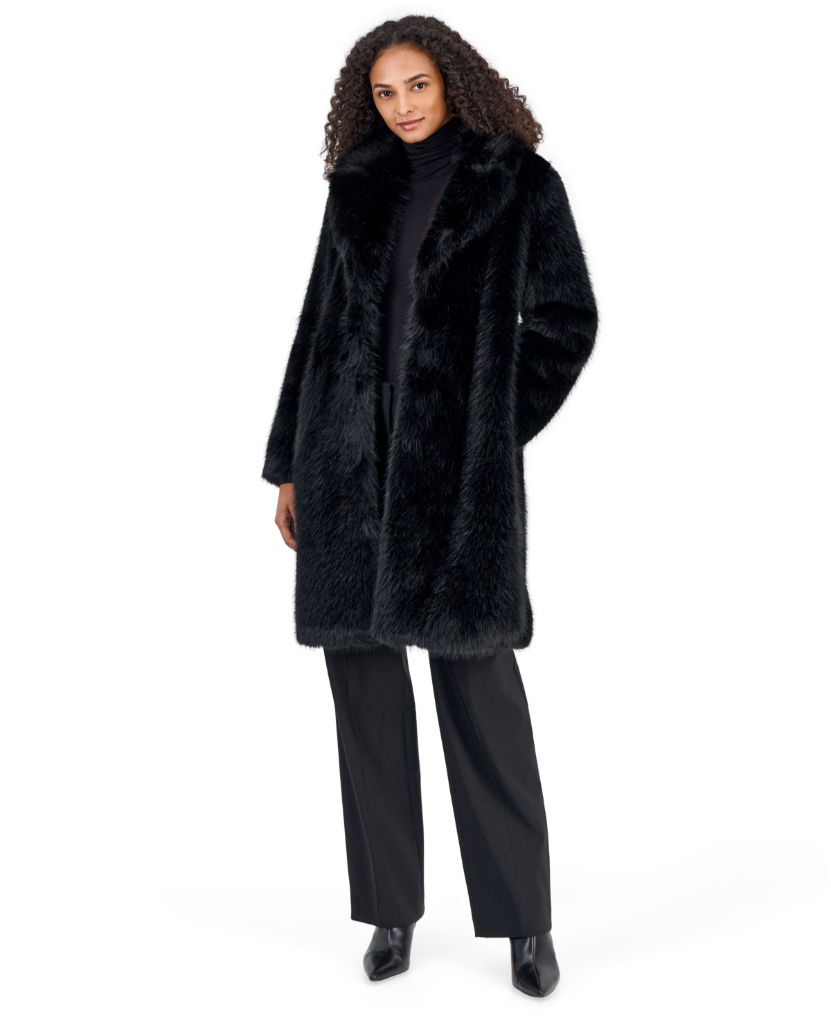 Anne Klein Women's Notched-Collar Mid-Length Faux Fur Coat - Anne Black