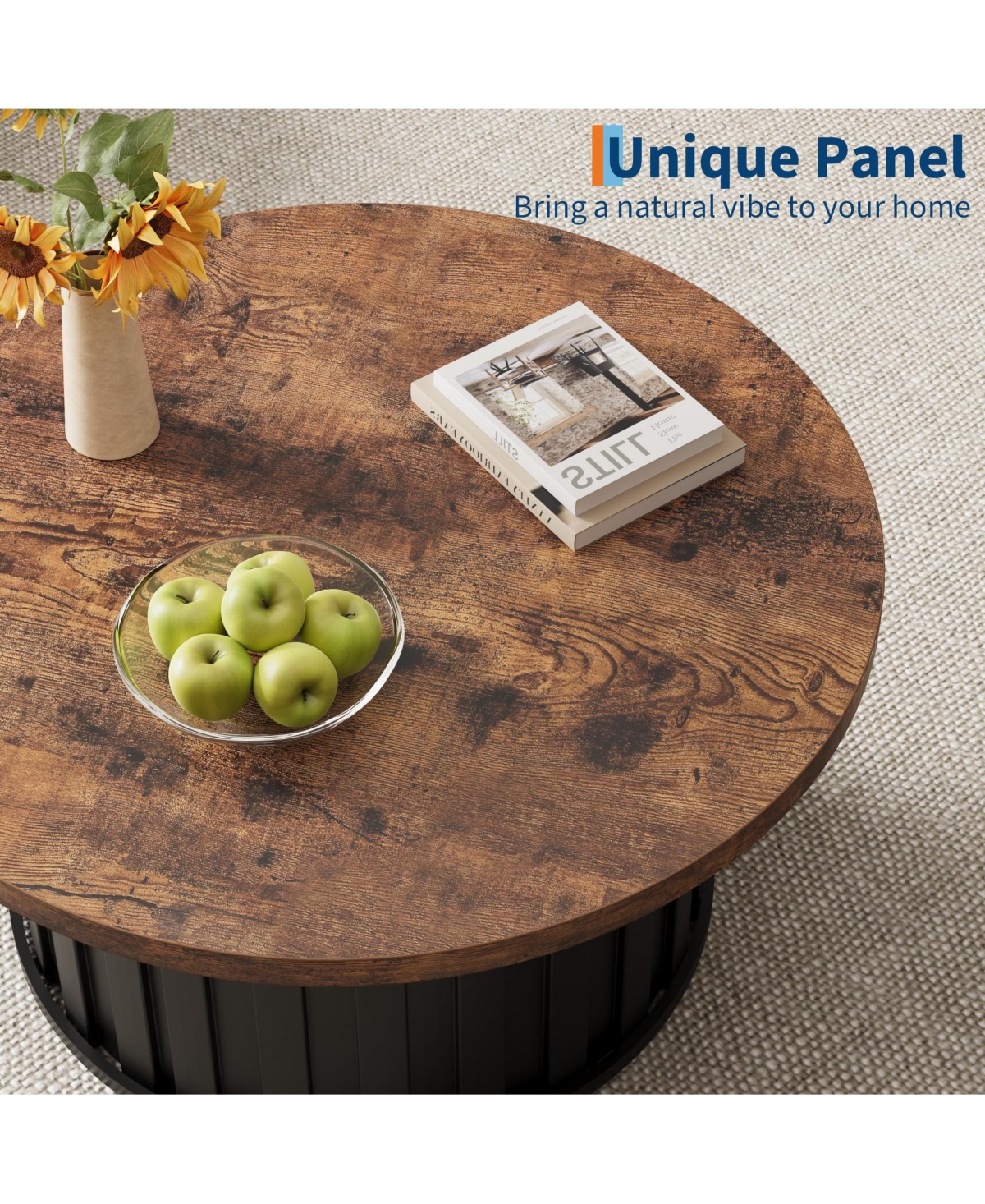homfan 31.9" Round Coffee Table – Mid-Century Modern with Fluted Texture and Metal Base, Living Room Apartment Small Space