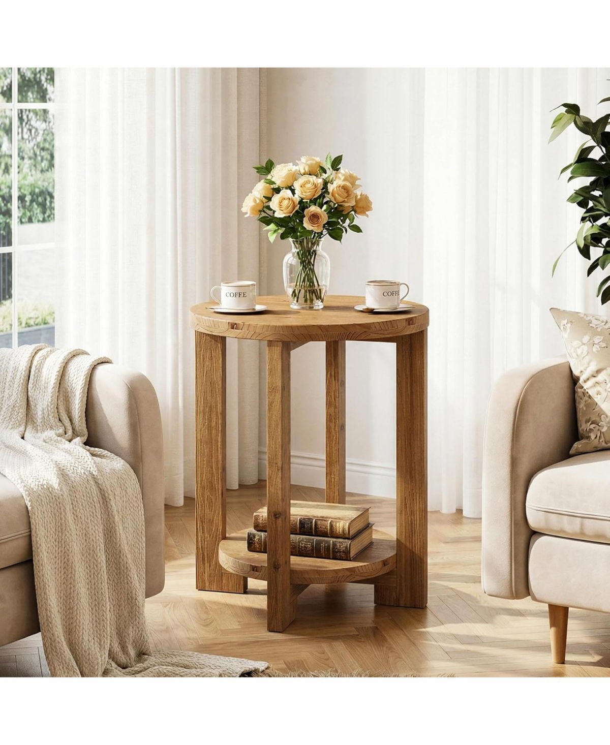 Tribesigns Solid Wood Round End Table Set of 2, Accent Bed Side Table with Storage Shelf, 2-Tier Circle Wood Nightstand