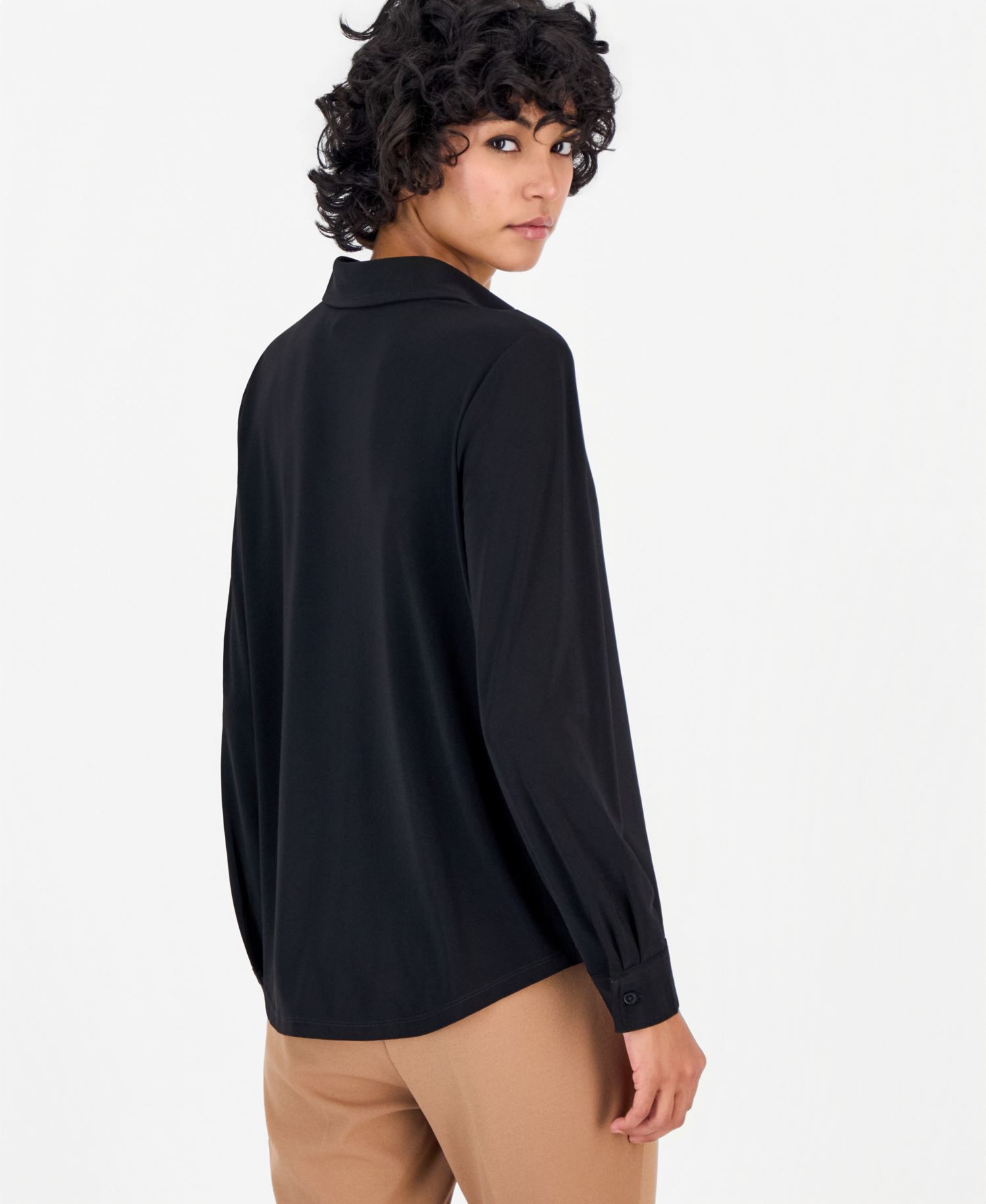 Petite Long-Sleeve Collared Knit Button-Down Shirt
