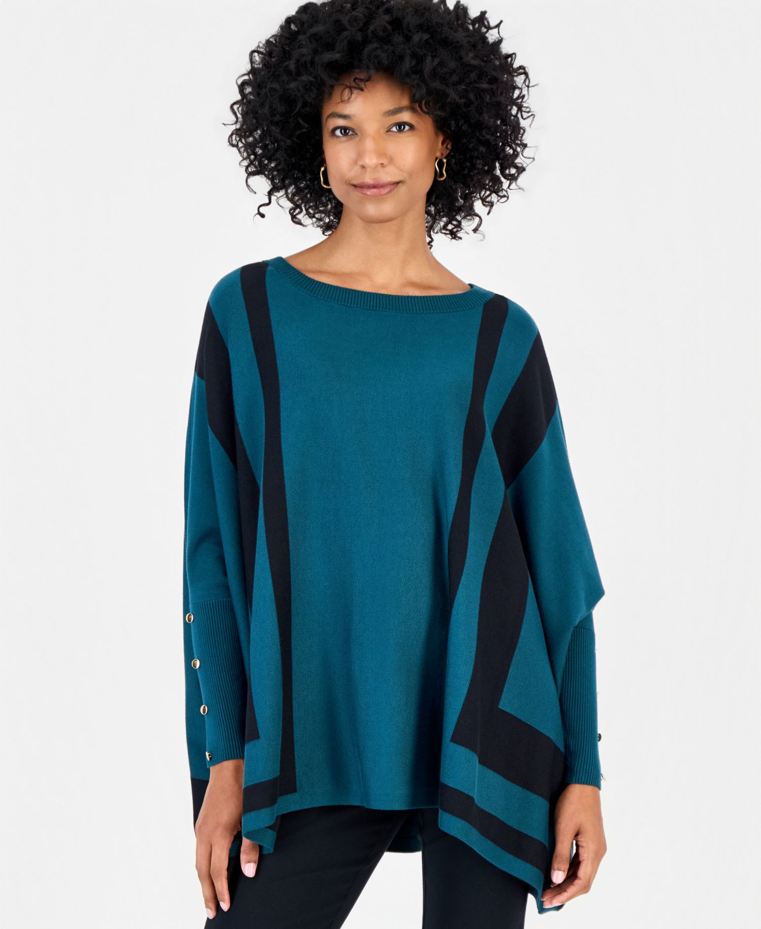 Women's Stripe Boat-Neck 3/4-Sleeve Poncho