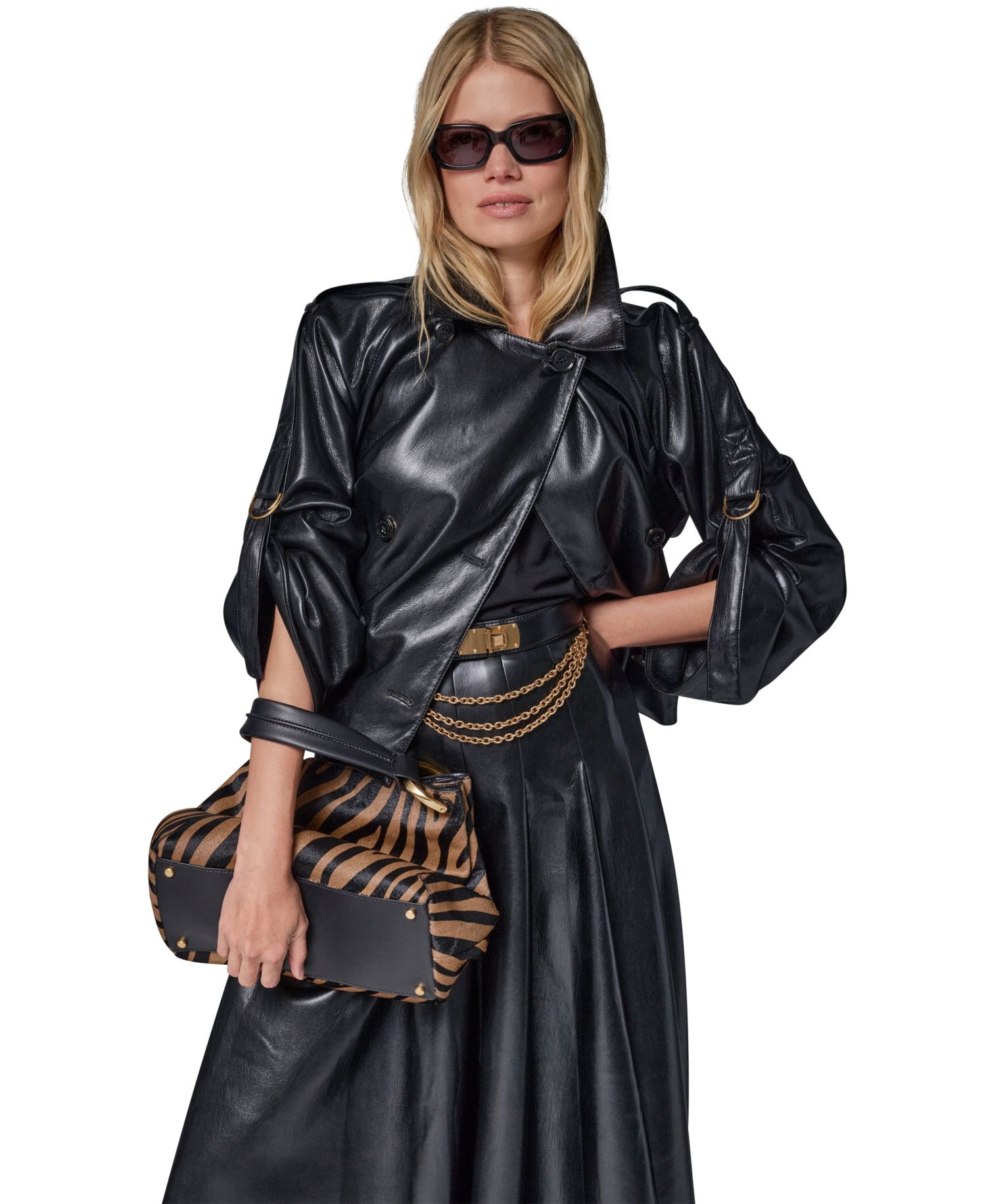 Petite Faux Leather Roll-Sleeve Collared Short Jacket