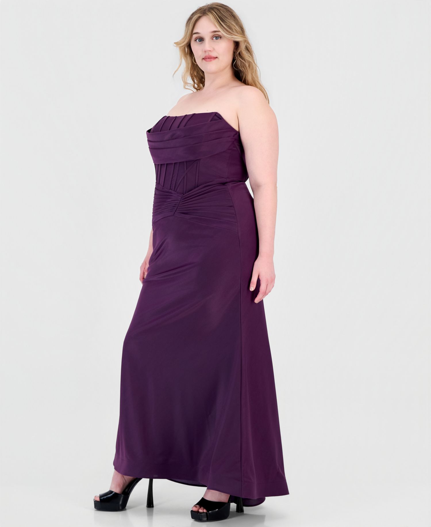 Plus Size Strapless Front-Drape Gown