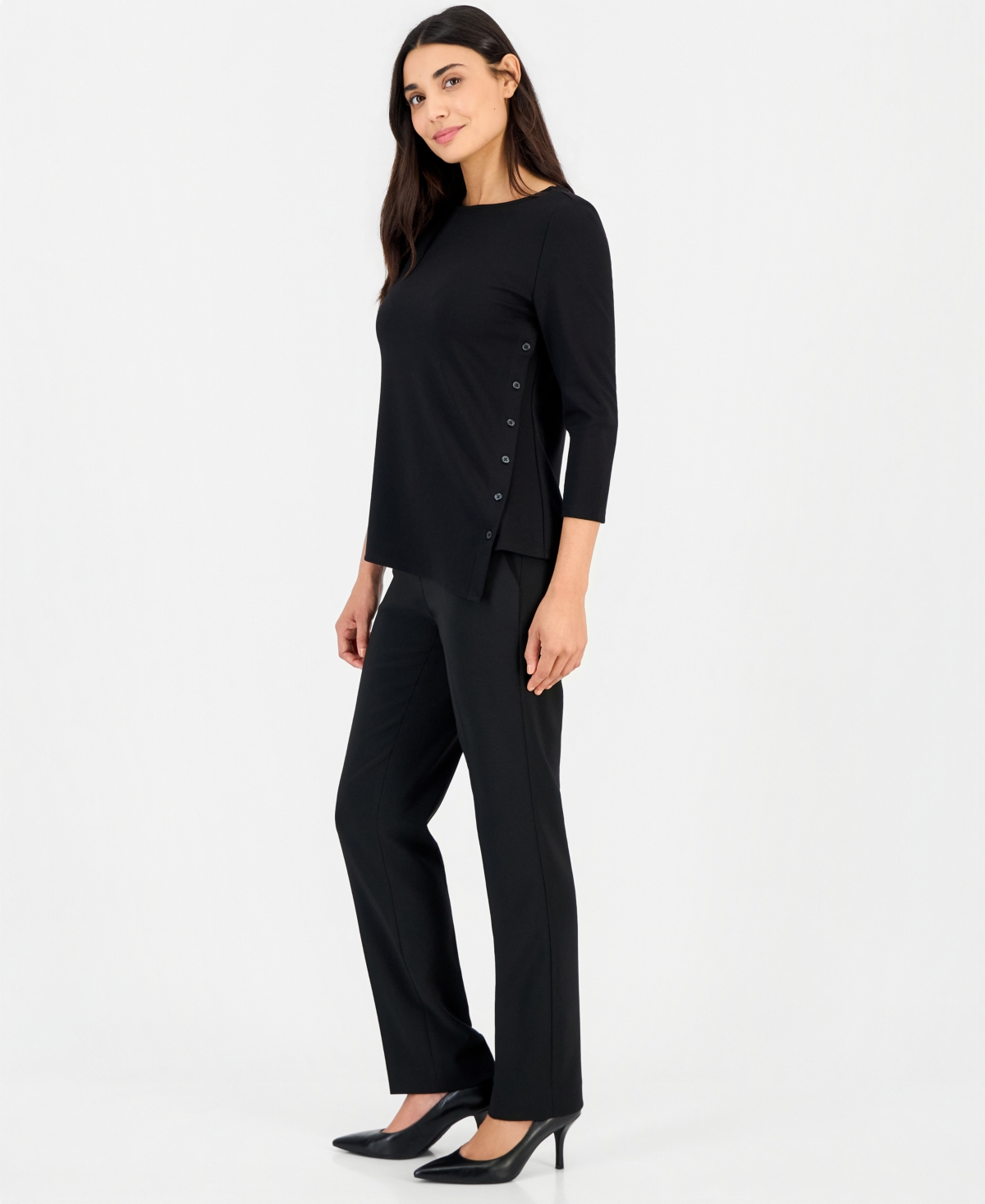 Anne Klein Essentials Petite 3/4-Sleeve Asymmetrical Button Top