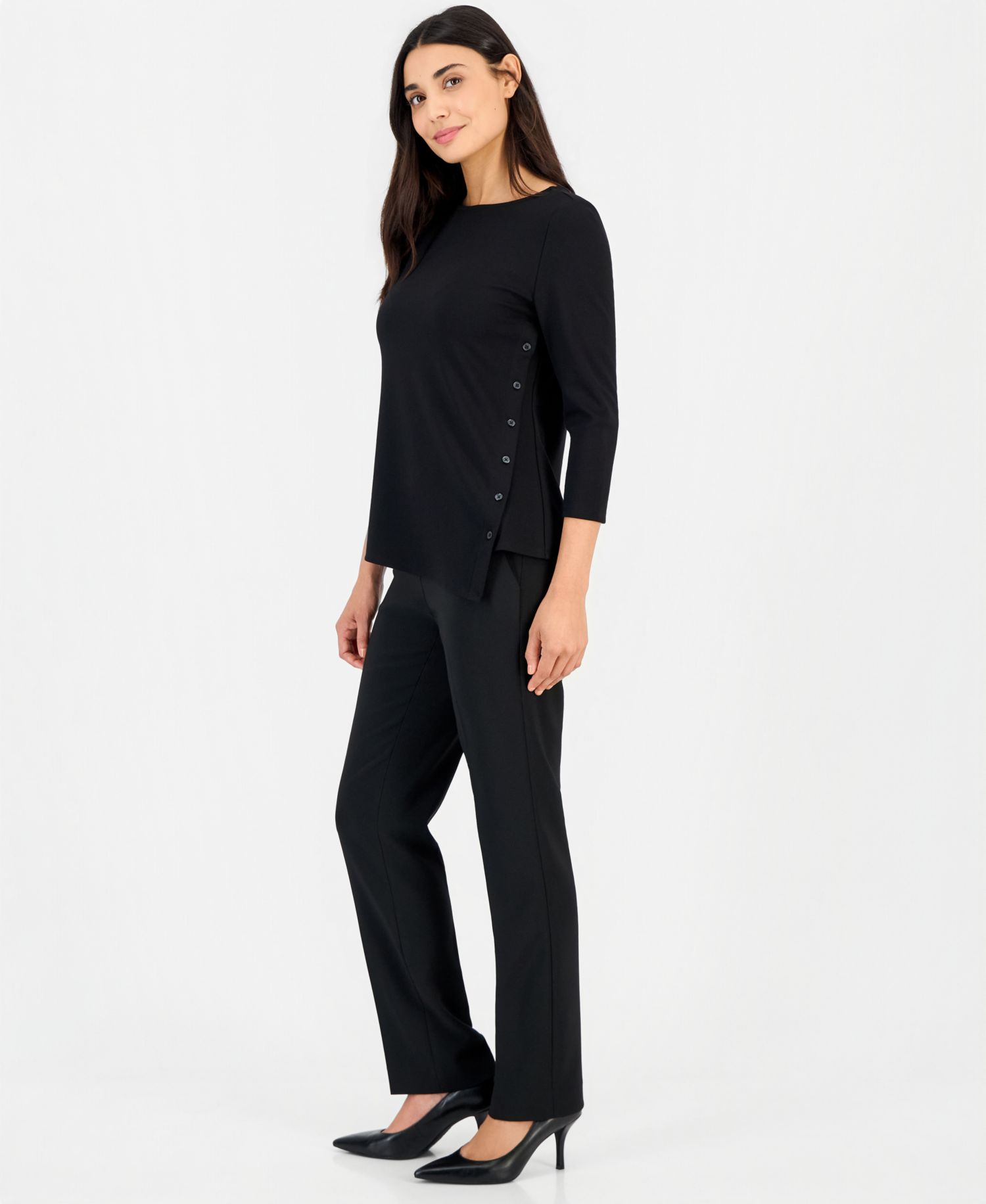Petite 3/4-Sleeve Asymmetrical Button Top