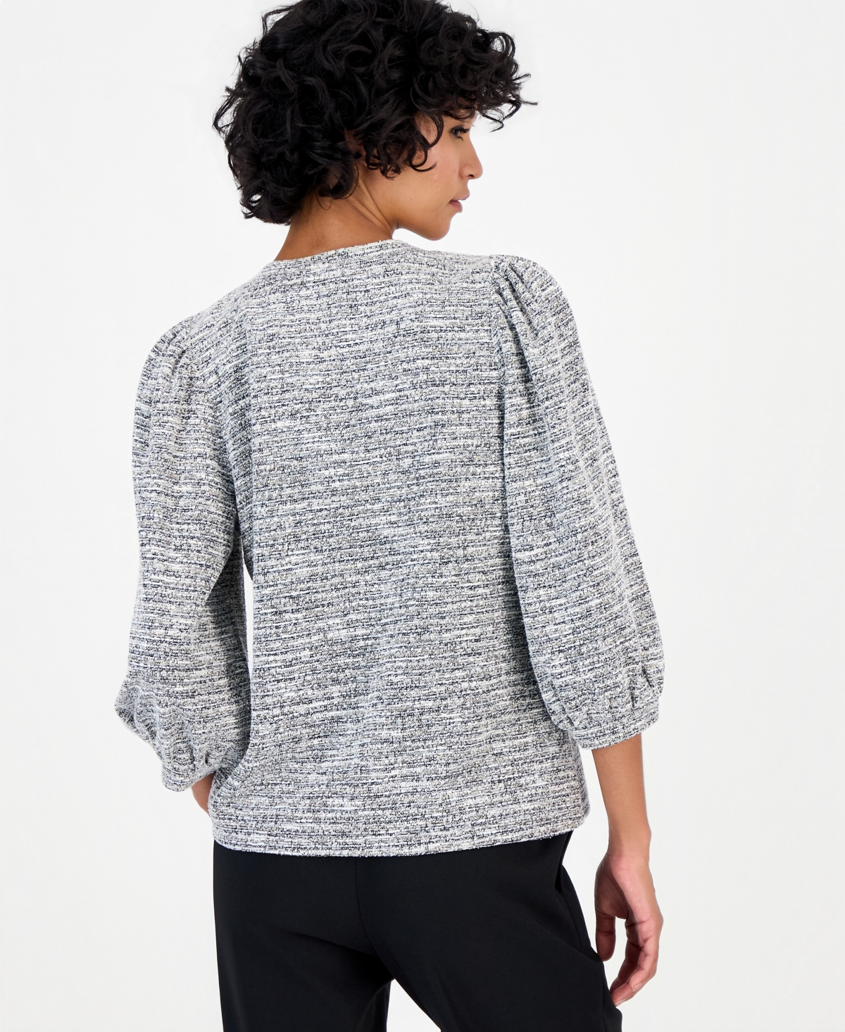 Anne Klein Essentials Petite 3/4-Balloon Sleeve Boucle-Knit Top