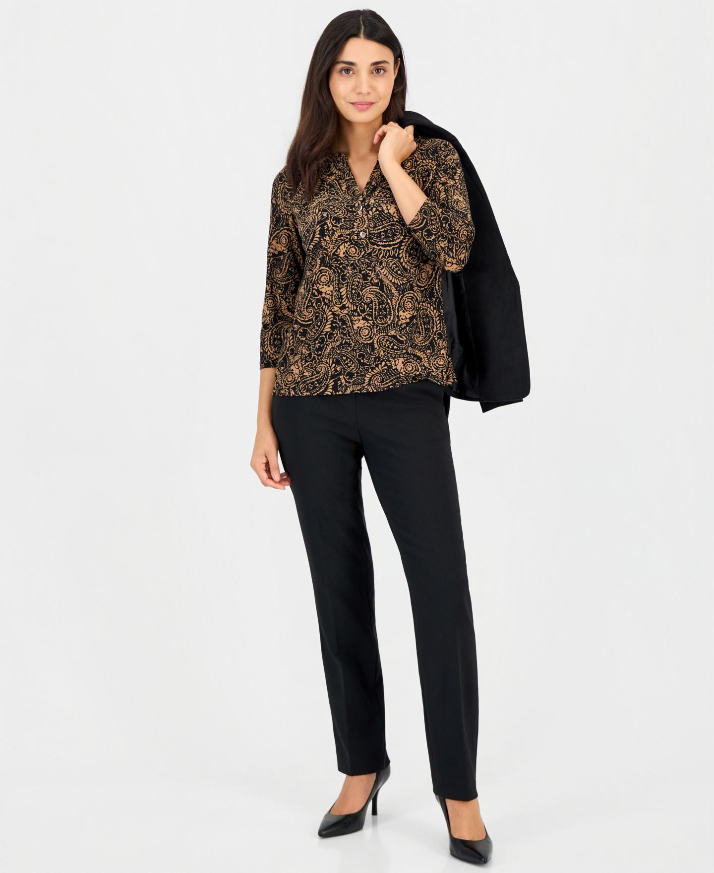 Женский топ Anne Klein Essentials Petite Woodblock-Print V-Neck 3/4-Sleeve Henley, цвет: Чёрный — фото 4
