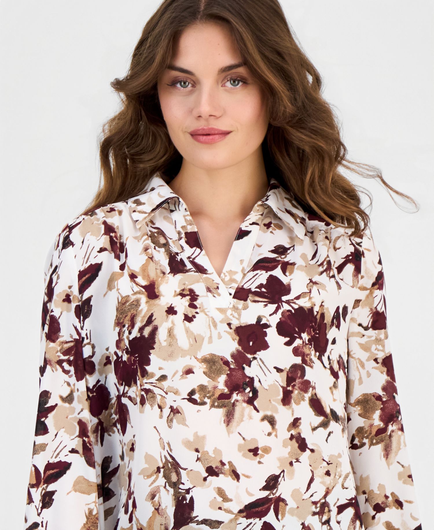 Women's Floral-Print 3/4-Length Roll-Tab V-Neck Blouse