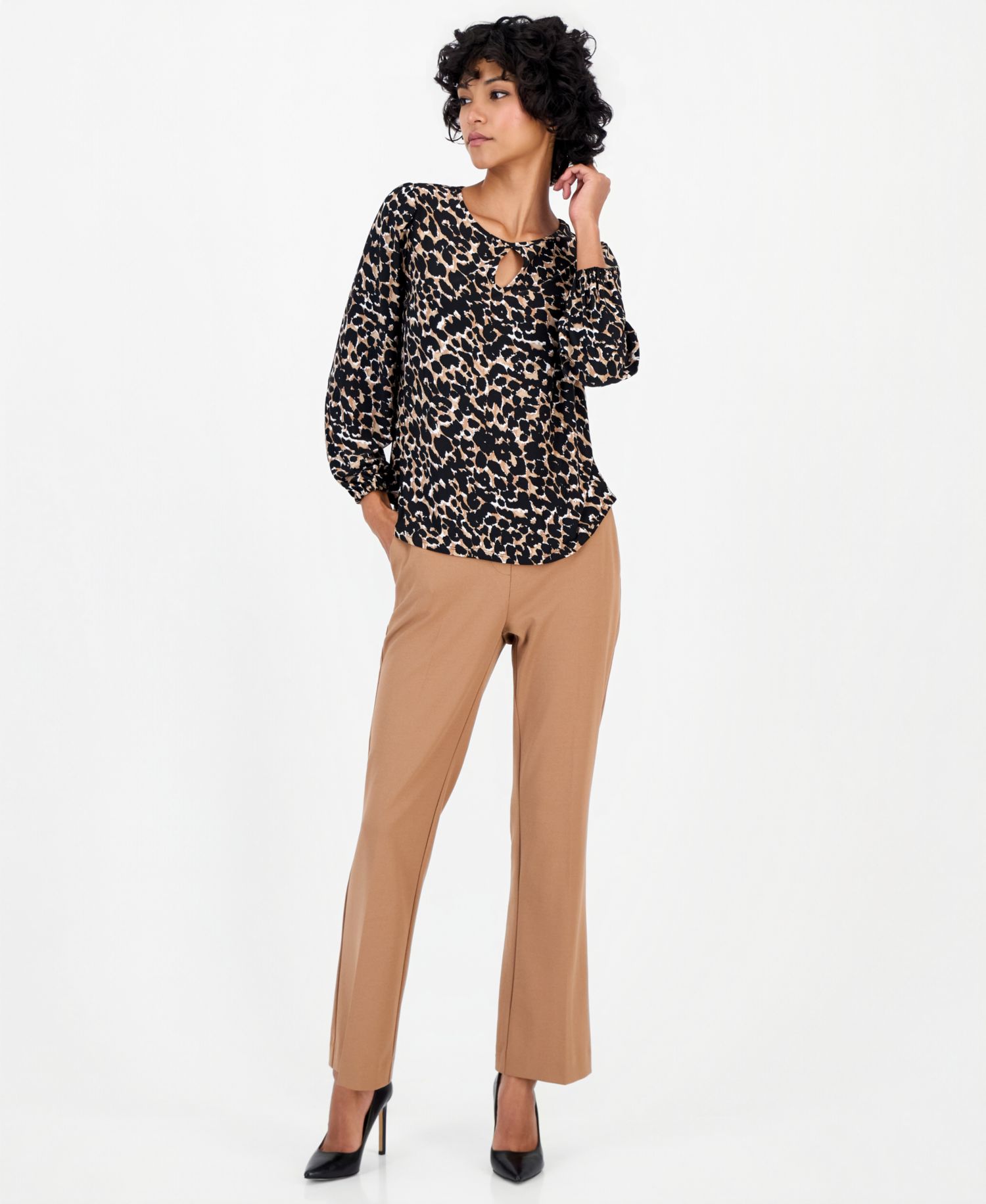 Petite Long-Sleeve Keyhole Blouse
