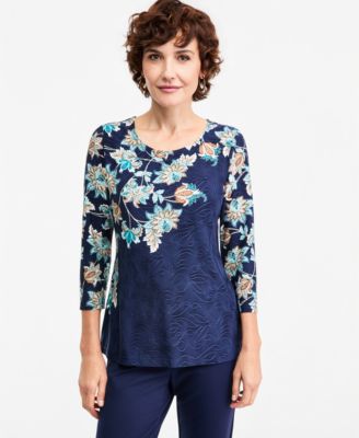 Petite 3/4-Sleeve Floral Scoop Neck T-Shirt