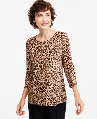 Women's Bold Leopard 3/4-Sleeve Jacquard T-Shirt