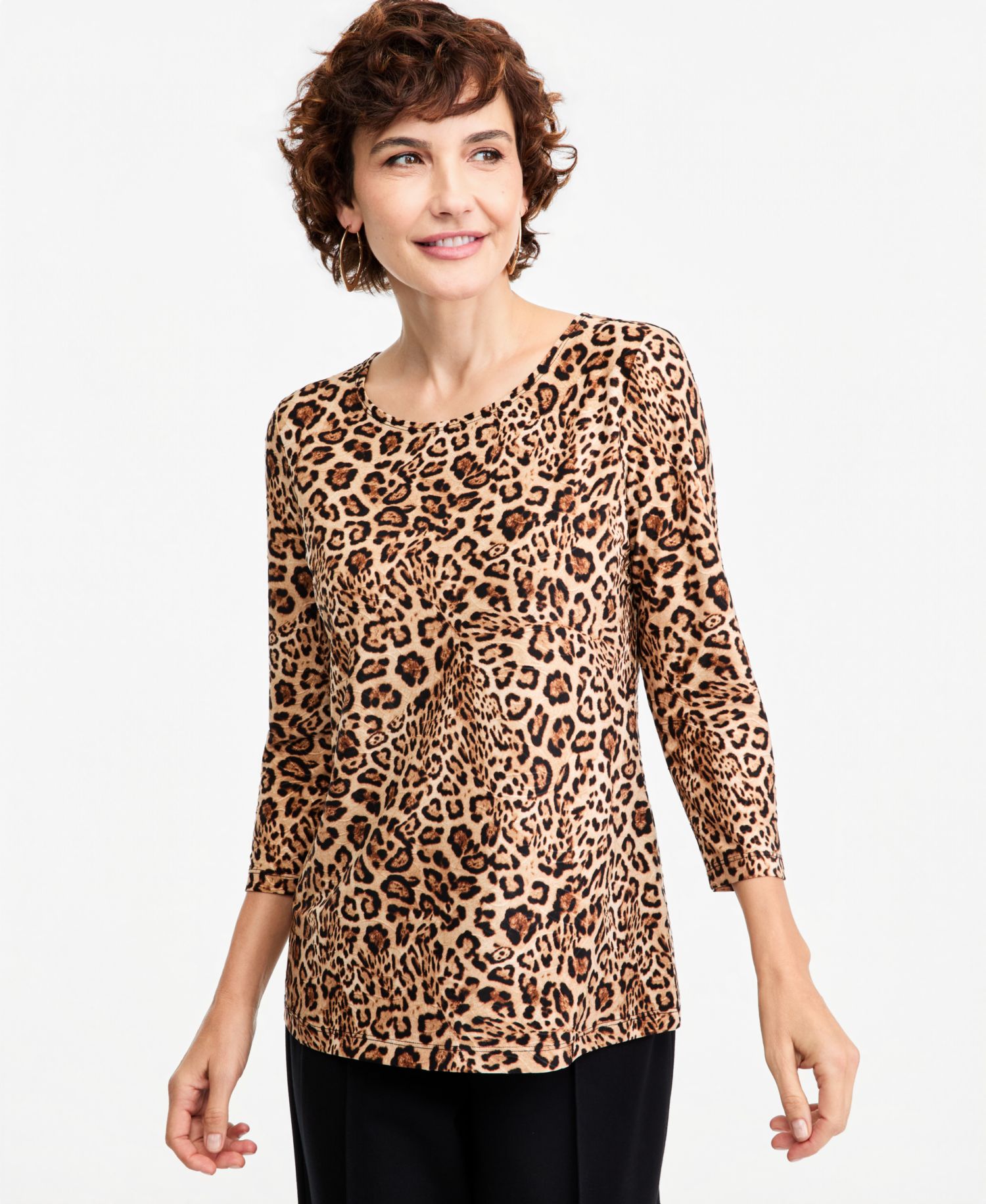 Petite Leopard-Print 3/4-Sleeve Scoop-Neck T-Shirt