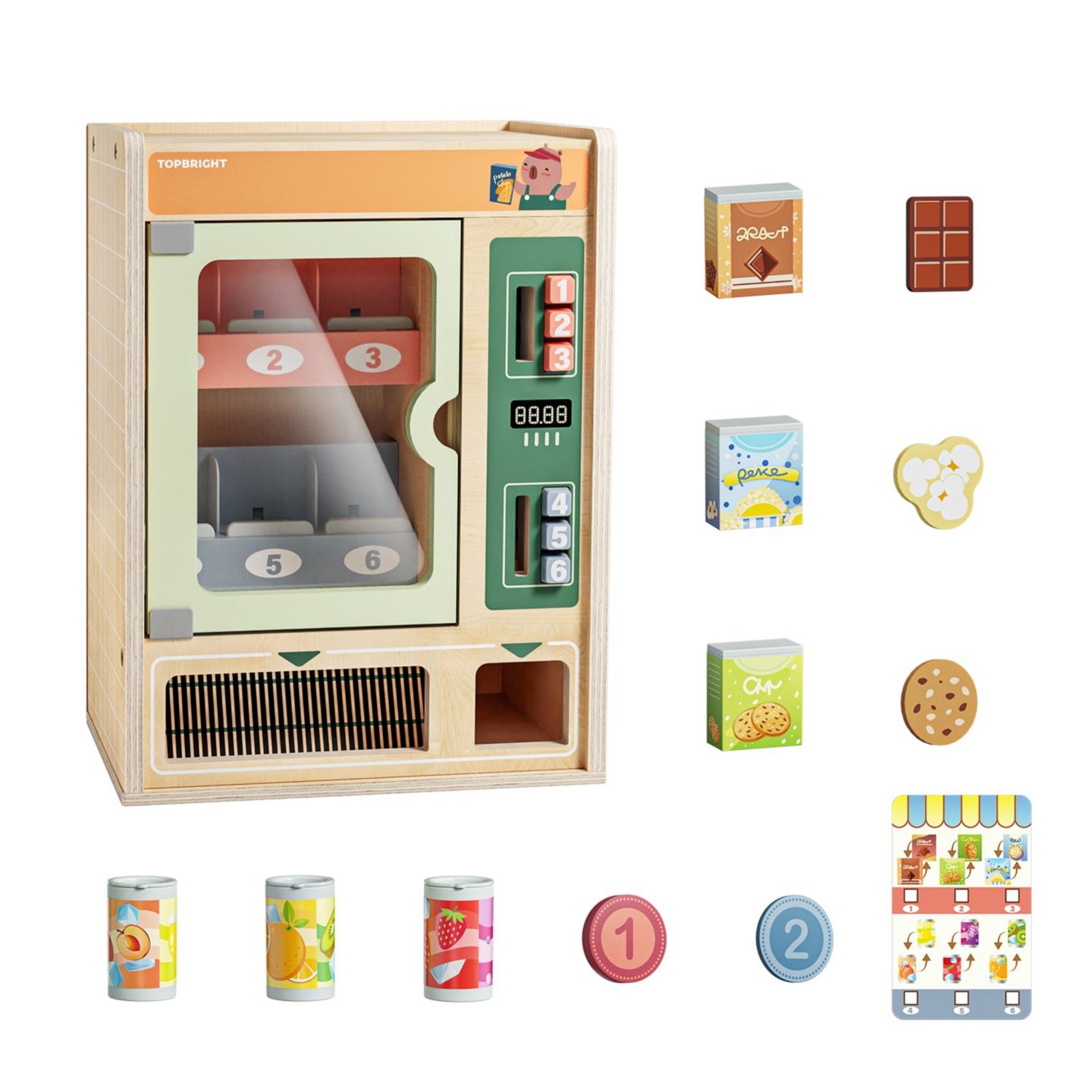 Детские игрушки TOP BRIGHT 10PCS Play Food Wooden Vending Machine For Kids Pretend Play Toys With Wooden Snack Bars and Drink Cans Play Set For Boys Girls, цвет: Зелёный — фото 2