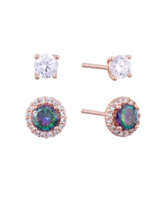 Rose Gold Over Sterling Silver 4mm Cubic Zirconia and 5mm Mystic Halo Stud Earring Set