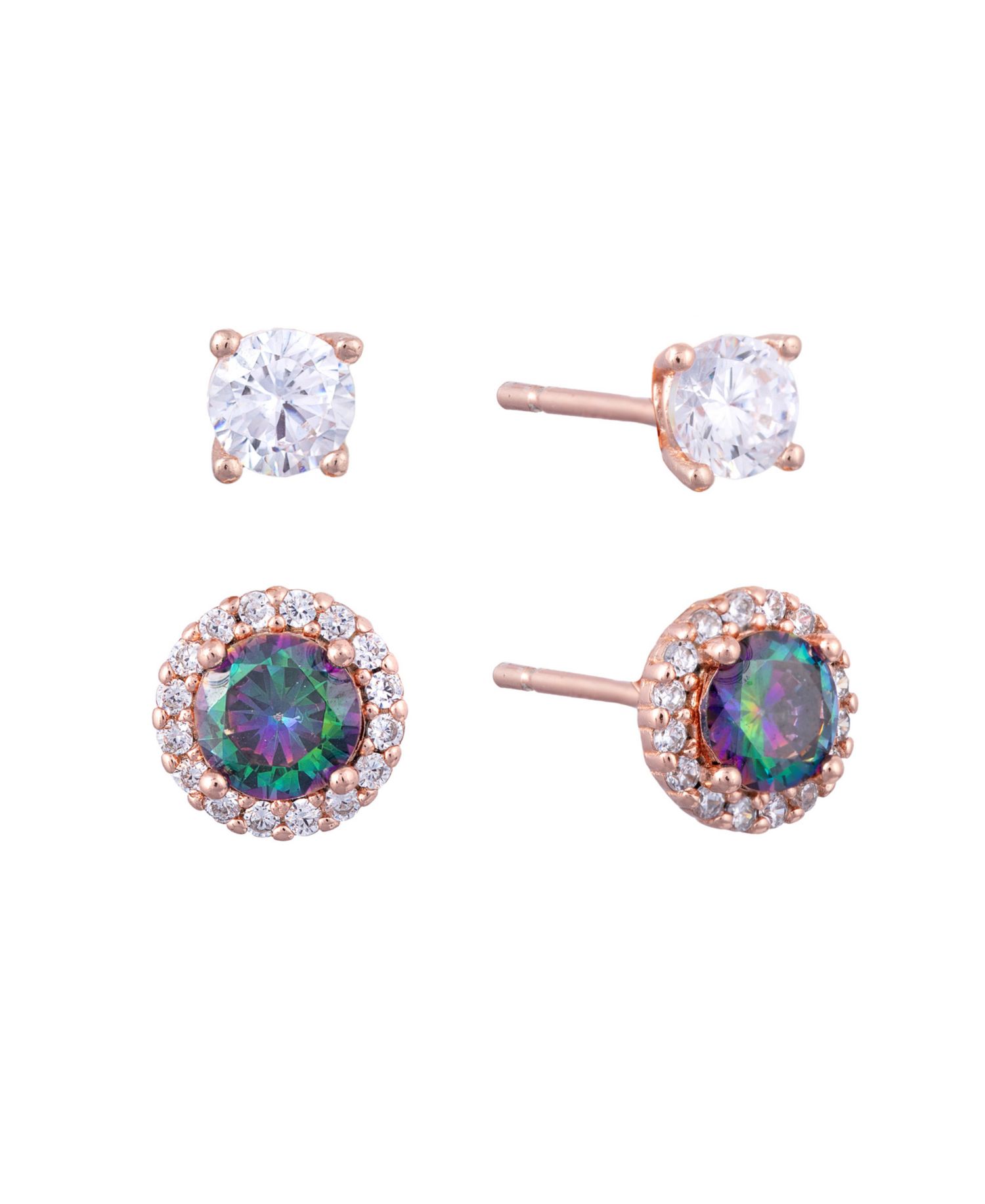 Rose Gold Over Sterling Silver 4mm Cubic Zirconia and 5mm Mystic Halo Stud Earring Set