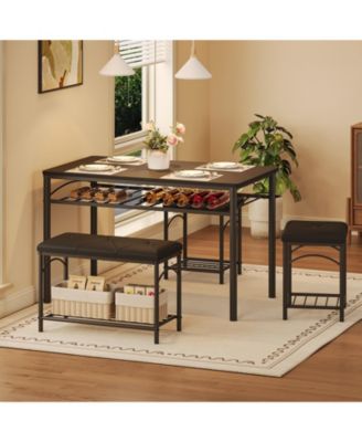Modern 4-Person Dining Table Set, Space-Saving Kitchen Table with Upholstered Benches, Wood and Metal Dining Set for Apartments, Studios