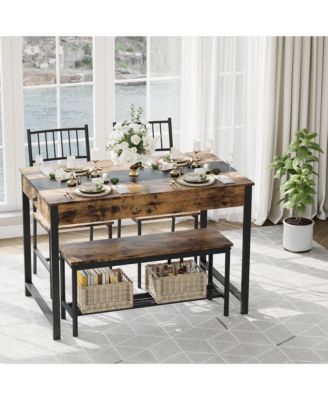 Dining Table Set of 4, Wooden Kitchen Table with 2 Chairs, 1 Bench, Storage Drawers and Rack for Small Space Apartment