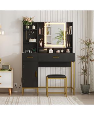 Makeup Vanity with LED Lights, Modern Dressing Set with Cushioned Stool, 3 Lighting Modes 2 Drawers, Open Shelves, Cabinet and Charging Station