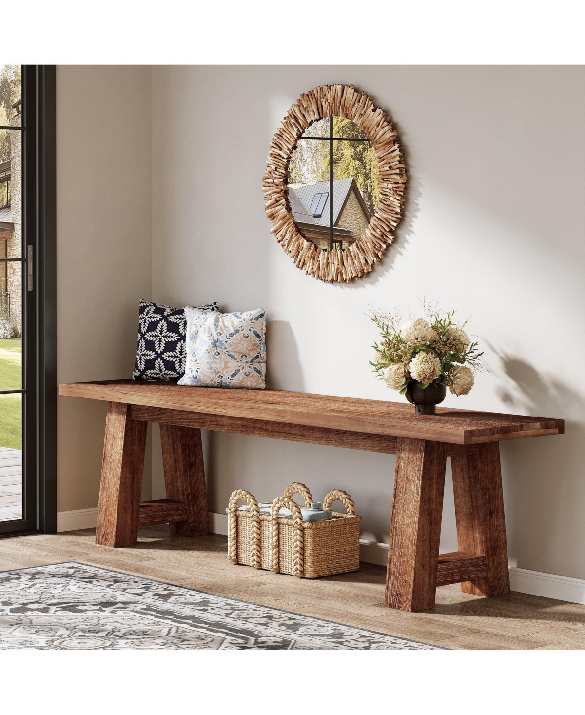 Slickblue Farmhouse Entryway Bench and Shoe Storage Solid Wood