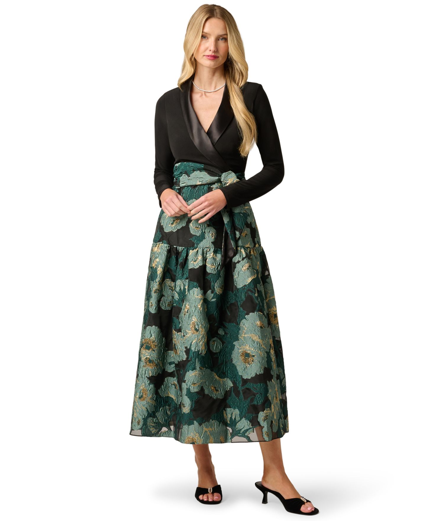 Женское платье Adrianna Papell Floral Jacquard V-Neck, цвет: Чёрный / Изумрудный — фото 2