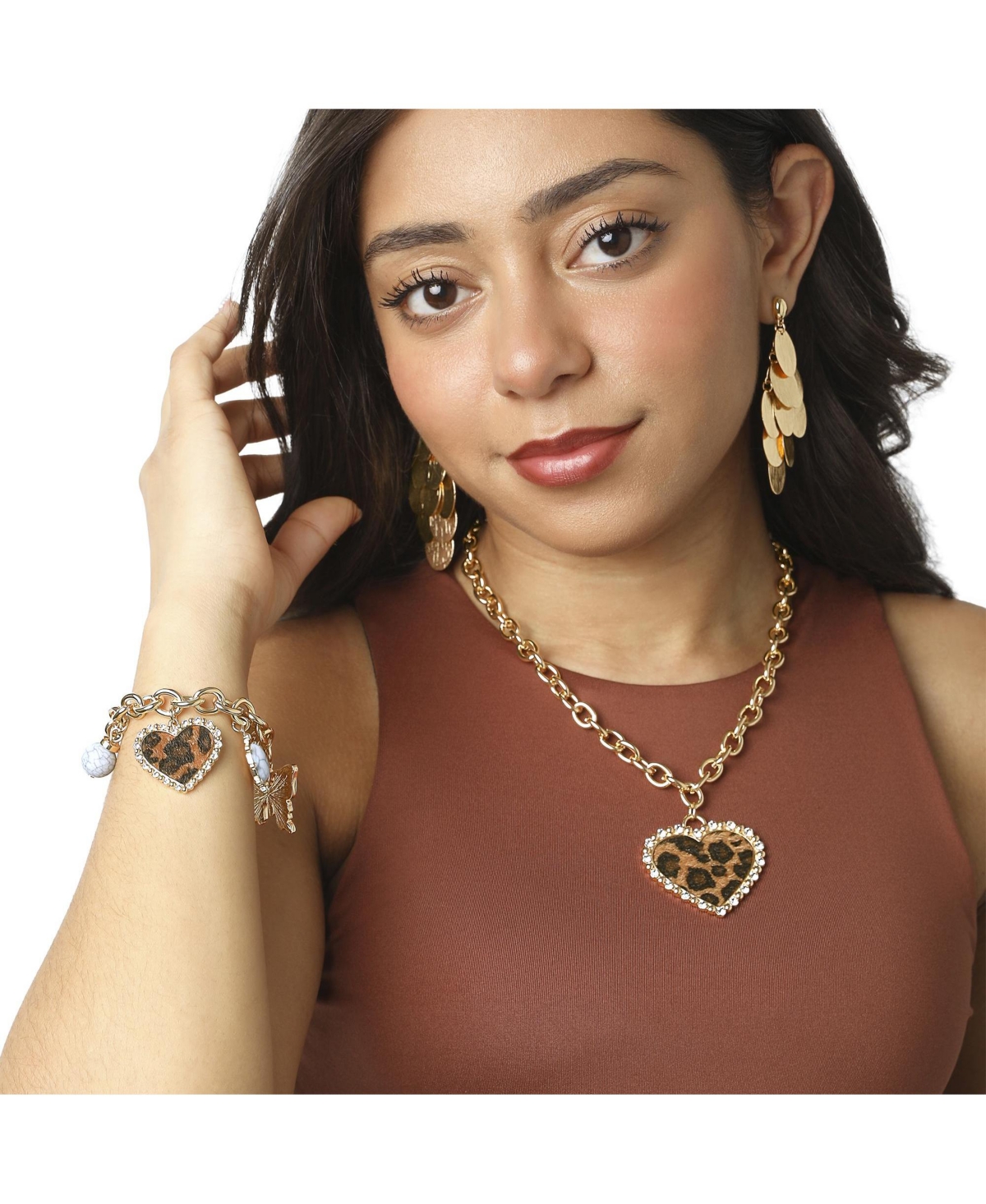 Jessica Simpson Crystal and Cheetah-Print Butterfly and Heart Charm Bracelet for Women 7.5inch, 5 Charms