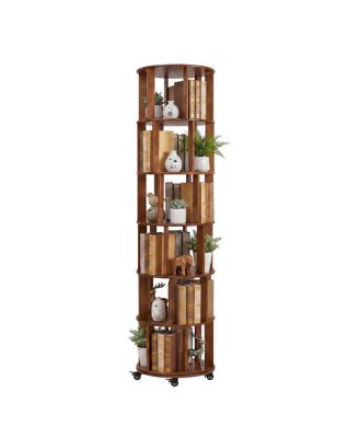 6-Tier Rotating Solid Wood Bookshelf Tower with Wheels