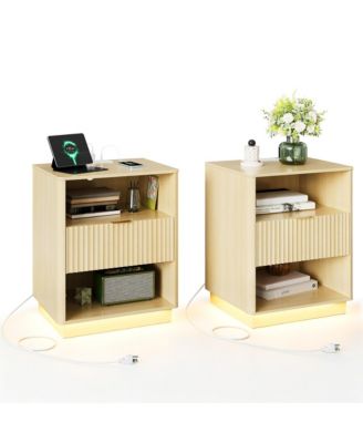 Fluted Nightstand Set of 2, Wooden Night Stand with Charging Station and LED Light, Modern Mid Century Bedside End Table with Drawer