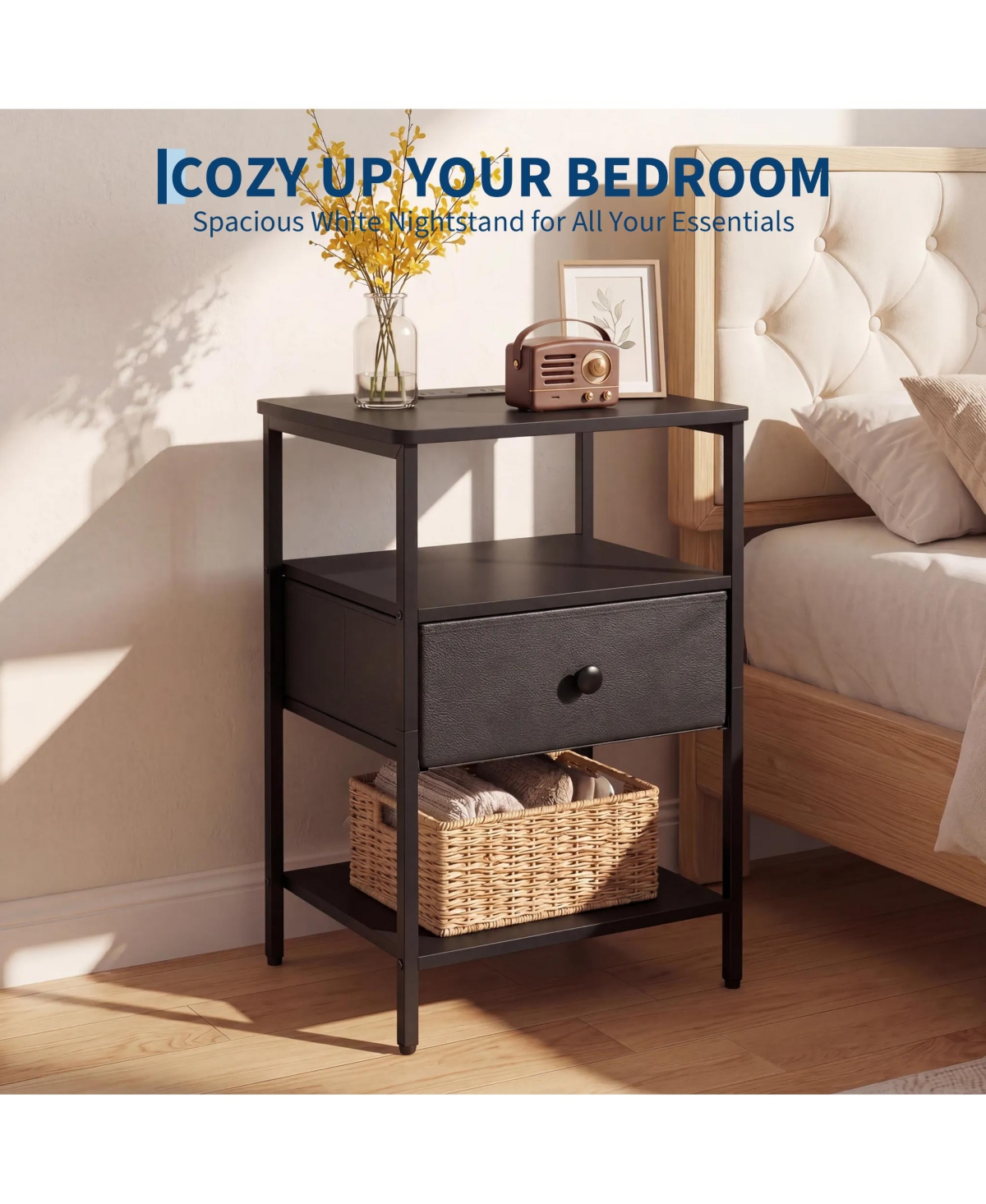 gaomon Nightstand with Charging Station, 3-Tier Open Storage Side Table Fabric Drawer, Sturdy Metal Frame End
