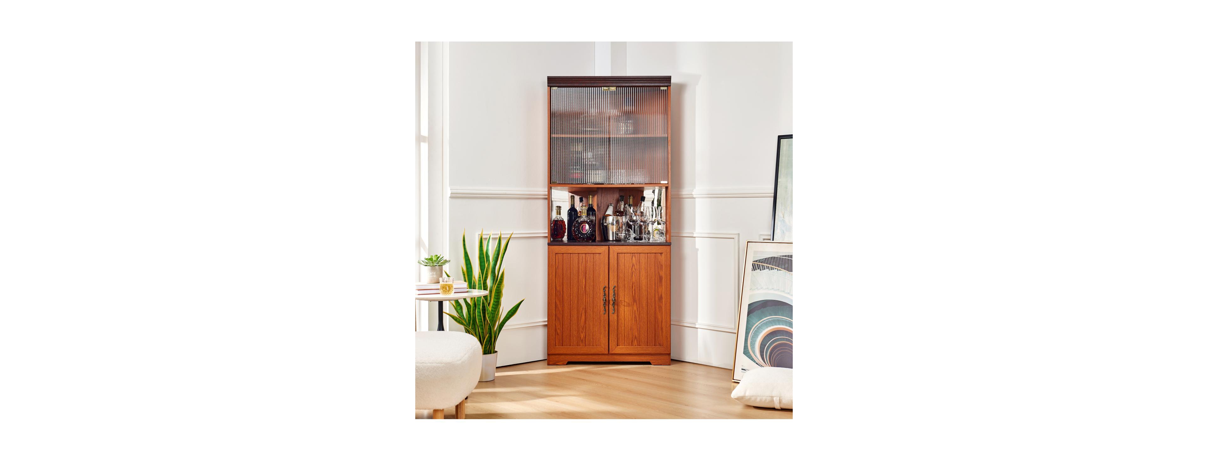 Streamdale Furniture 70.86" Tall 5-Tier Corner Storage Cabinet with Glass Doors and Mirrored Back