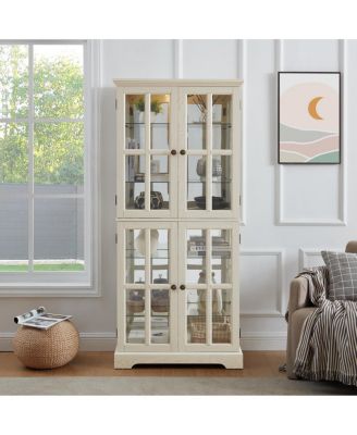 Antique 4-Door Glass Curio Display Cabinet with Adjustable Shelves
