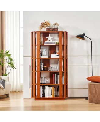 5-Tier Wooden Oval Open Bookshelf with MDF Grid Frame