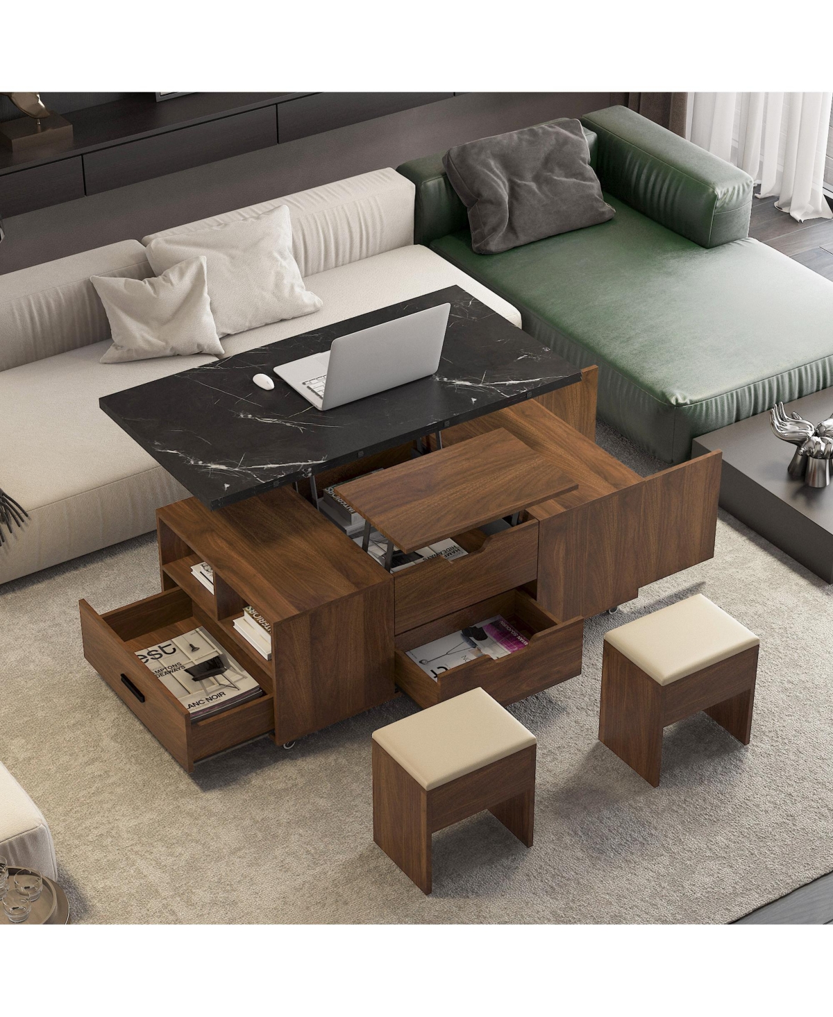 Boyel Living Modern Lift-Up Coffee Table with 2 Stools Set for Living Room Expandable Hidden Storage and Drawers