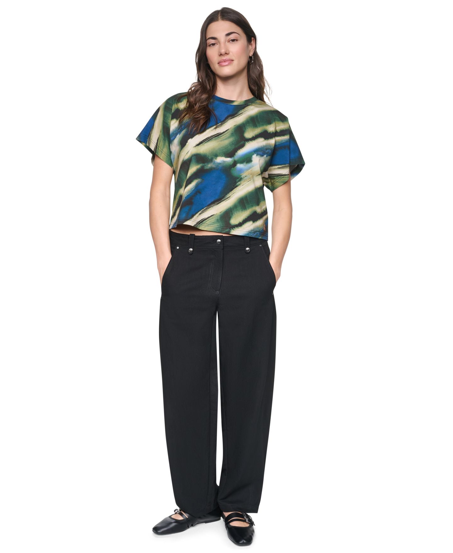 Женские брюки DKNY Barrel-Leg Sanded Twill Mid-Rise, цвет: Чёрный — фото 2